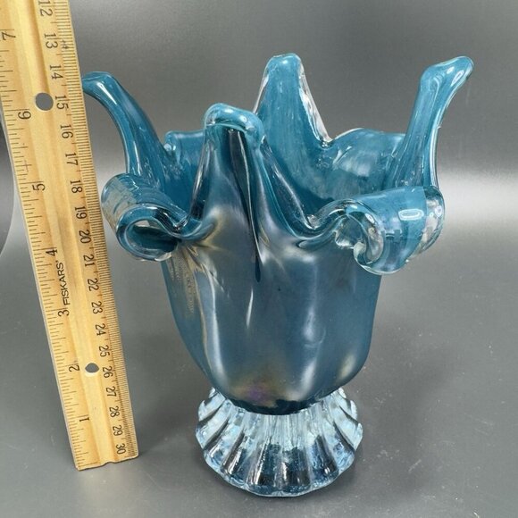 1980s Art Glass Abstract Vase Bowl Centerpiece Teal Blue Iridescent Finish Glass - Picture 3 of 15